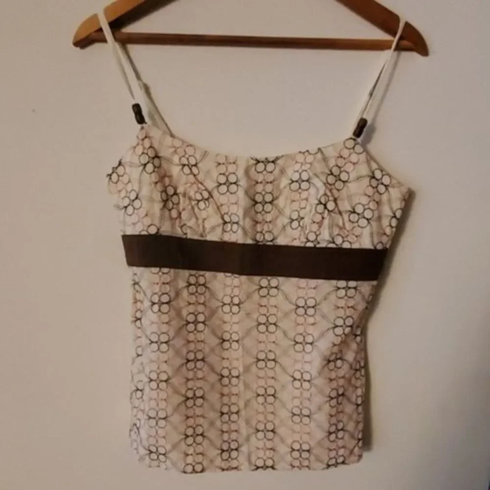 Ann‎ Taylor Loft Sleeveless Babydoll Blouse White Brown 4